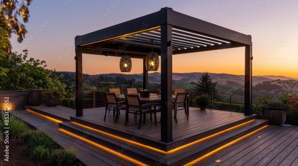 A large black gazebo with a table and chairs in the middle A large black gazebo with a table and chairs in the middle