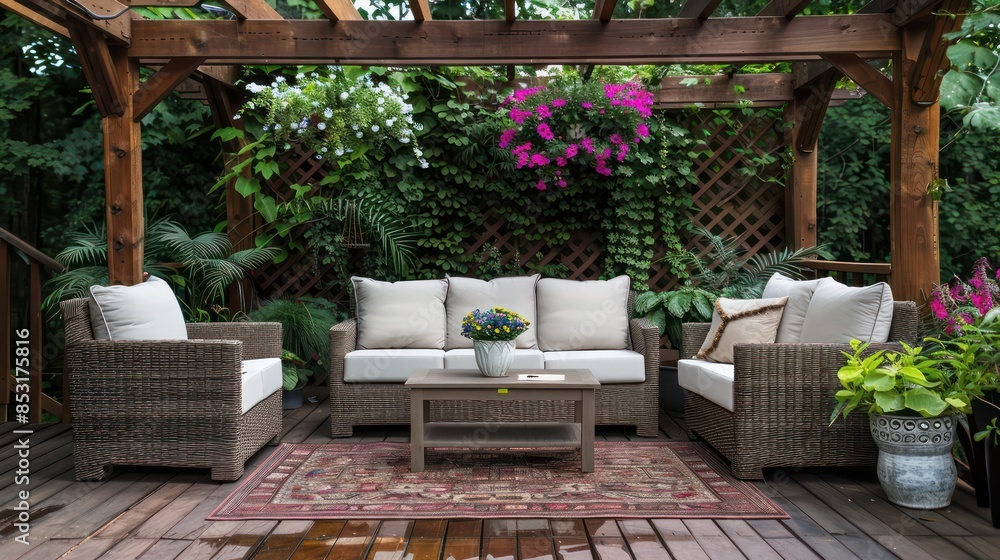 Fototapeta premium A patio with a wooden gazebo and a large rug