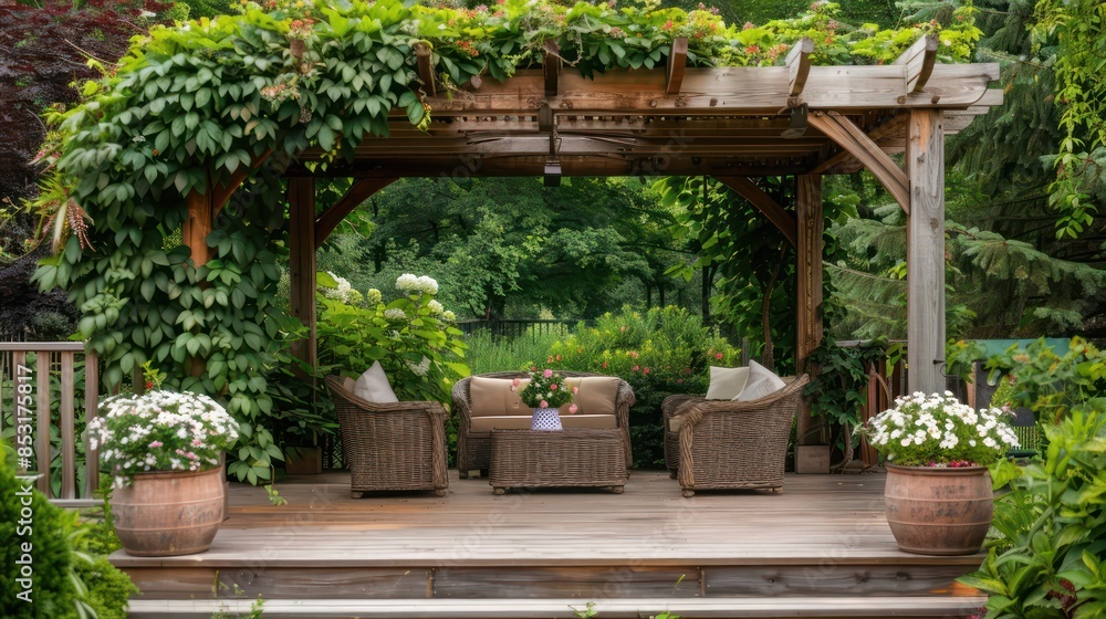 Obraz premium A patio with a wooden deck and a pergola