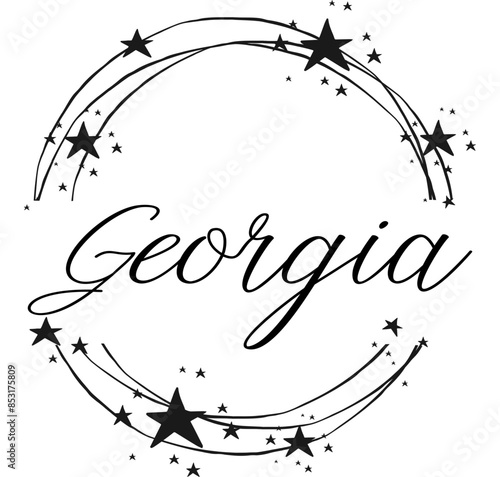 Georgia - nome proprio scritto tra cerchi e stelle, logo rotondo, grafica vettoriale per feste e periodo natalizio, banner, cartoline, felpa, stampe, cricut, silhouette, sublimazione