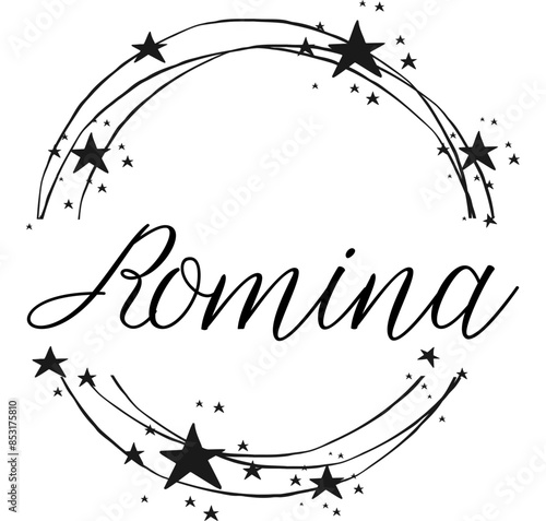 Romina - nome proprio scritto tra cerchi e stelle, logo rotondo, grafica vettoriale per feste e periodo natalizio, banner, cartoline, felpa, stampe, cricut, silhouette, sublimazione
