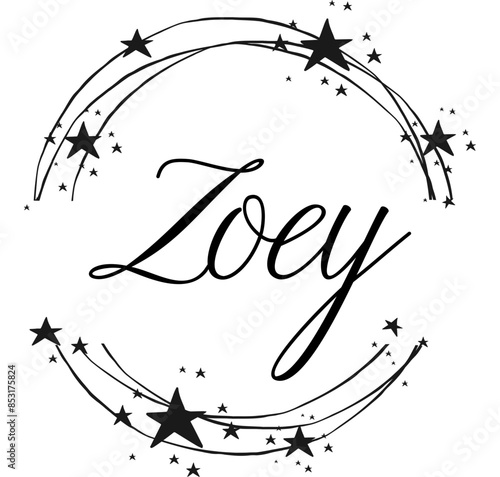 Zoey - nome proprio scritto tra cerchi e stelle, logo rotondo, grafica vettoriale per feste e periodo natalizio, banner, cartoline, felpa, stampe, cricut, silhouette, sublimazione
