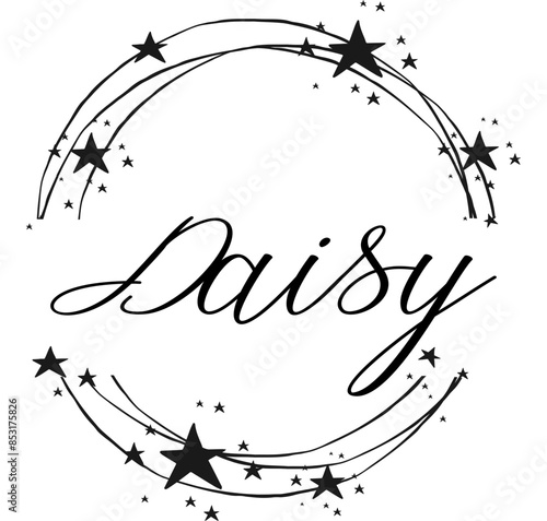 Daisy - nome proprio scritto tra cerchi e stelle, logo rotondo, grafica vettoriale per feste e periodo natalizio, banner, cartoline, felpa, stampe, cricut, silhouette, sublimazione