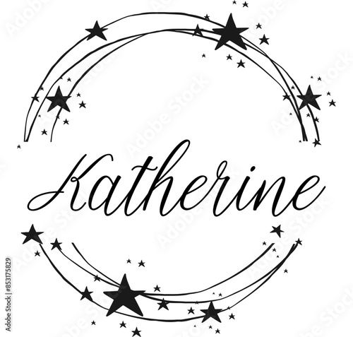 katherine - nome proprio scritto tra cerchi e stelle, logo rotondo, grafica vettoriale per feste e periodo natalizio, banner, cartoline, felpa, stampe, cricut, silhouette, sublimazione