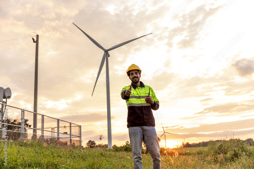 custom made wallpaper toronto digitalProfessional Man Maintenance engineers working in wind turbine farm at sunset. Engineer Man standing among Wind Energy Turbine.