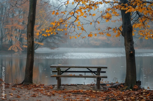 Empty Picnic Table By A Foggy Lake In Autumn