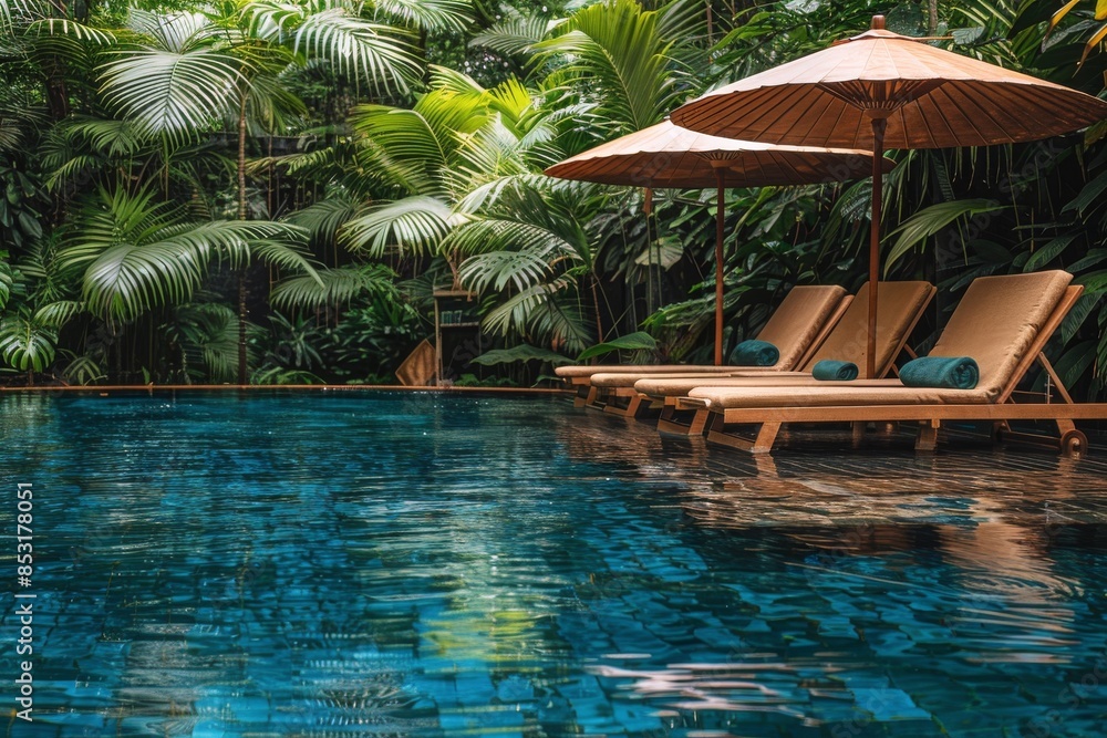 Fototapeta premium Tropical Poolside Relaxation With Palm Trees and Umbrellas