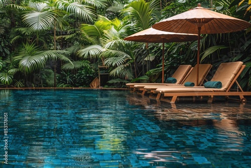 Tropical Poolside Relaxation With Palm Trees and Umbrellas