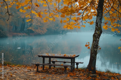 Autumnal Picnic Table by the Misty Lake