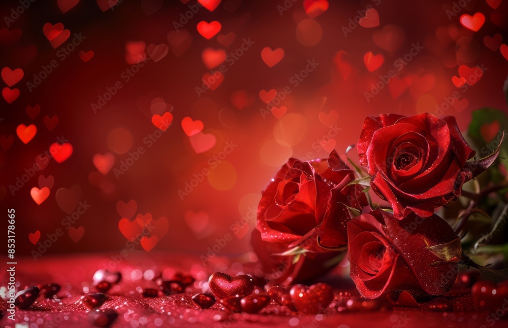 A red background with heartshaped roses and small hearts in the foreground, creating an atmosphere of love for Valentine's Day A red background with heartshaped roses and small hearts in the foreground, creating an atmosphere of love for Valentine's Day