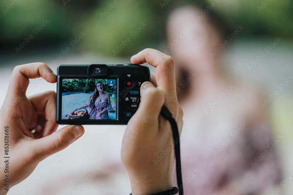 Hands holding a camera capturing an outdoor portrait of a woman. The viewfinder shows a woman in a lush, green background. Hands holding a camera capturing an outdoor portrait of a woman. The viewfinder shows a woman in a lush, green background.