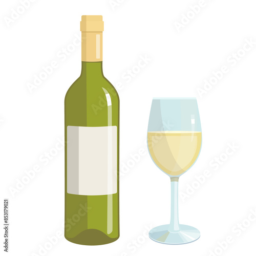 Vector set of white wine, isolated illustration of glass and bottle, alcoholic drink in flat style, bar menu design