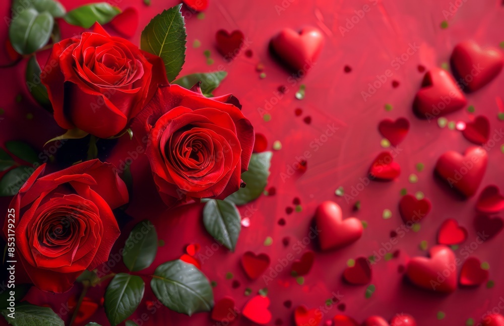 A red background with heartshaped roses and small hearts in the foreground, creating an atmosphere of love for Valentine's Day A red background with heartshaped roses and small hearts in the foreground, creating an atmosphere of love for Valentine's Day