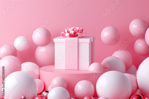 Christmas pink flat lay. Holiday boxes, fir branches on pink background. Christmas winter holiday congratulation invitation birthday wedding.Long banner © shintartanya