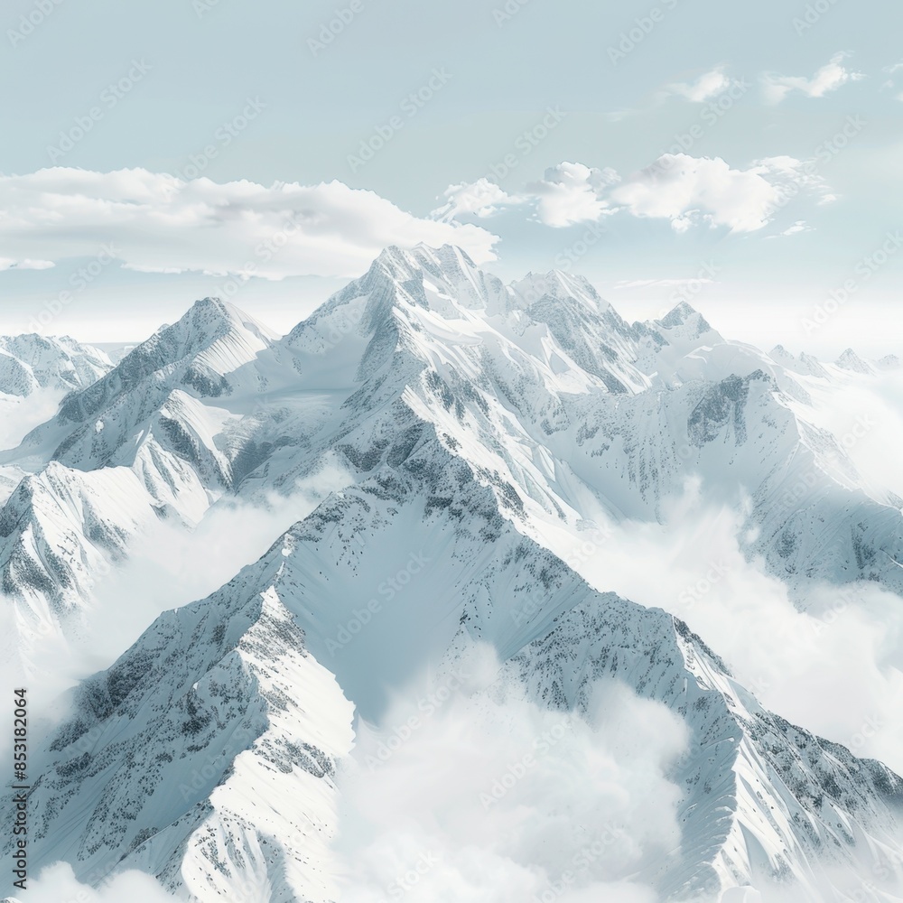 Obraz premium Snow-capped mountains reach towards the sky, covered in a blanket of white clouds. Jagged peaks rise dramatically, creating a majestic and serene winter landscape.