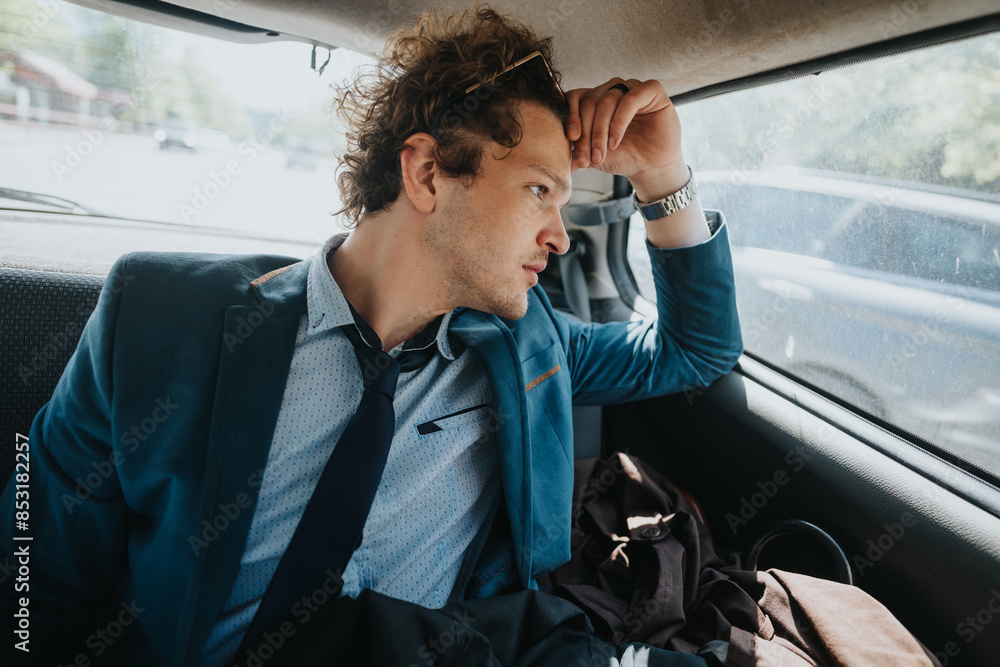 A young male businessperson seated in a car's backseat, appears deep in thought with a slight focus. A genuine moment of reflection during a commute. A young male businessperson seated in a car's backseat, appears deep in thought with a slight focus. A genuine moment of reflection during a commute.
