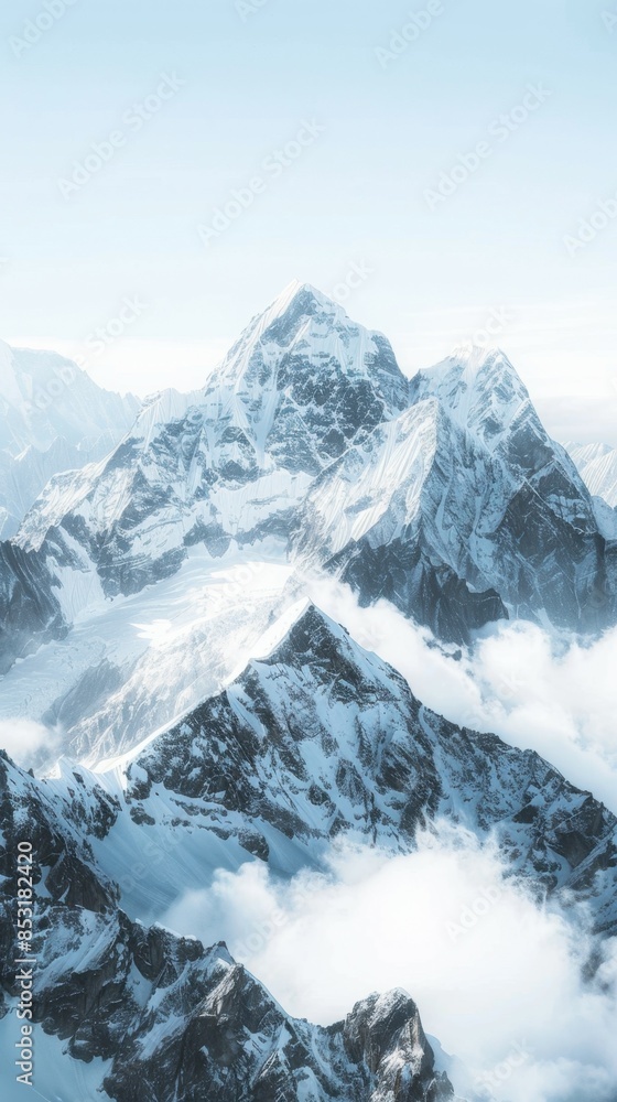 Obraz premium Majestic snow-covered mountain peaks rise above a sea of clouds, bathed in soft, natural light. The pristine landscape evokes a sense of serenity and grandeur.