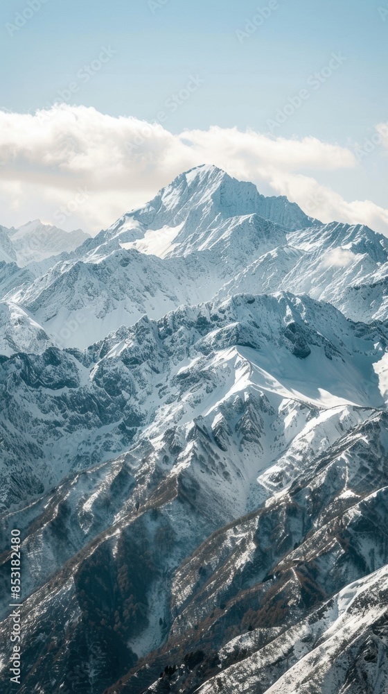 Obraz premium Snow-covered mountain range under a clear blue sky, featuring rugged peaks with varying shades of white and gray, and a few patches of dark forested areas.