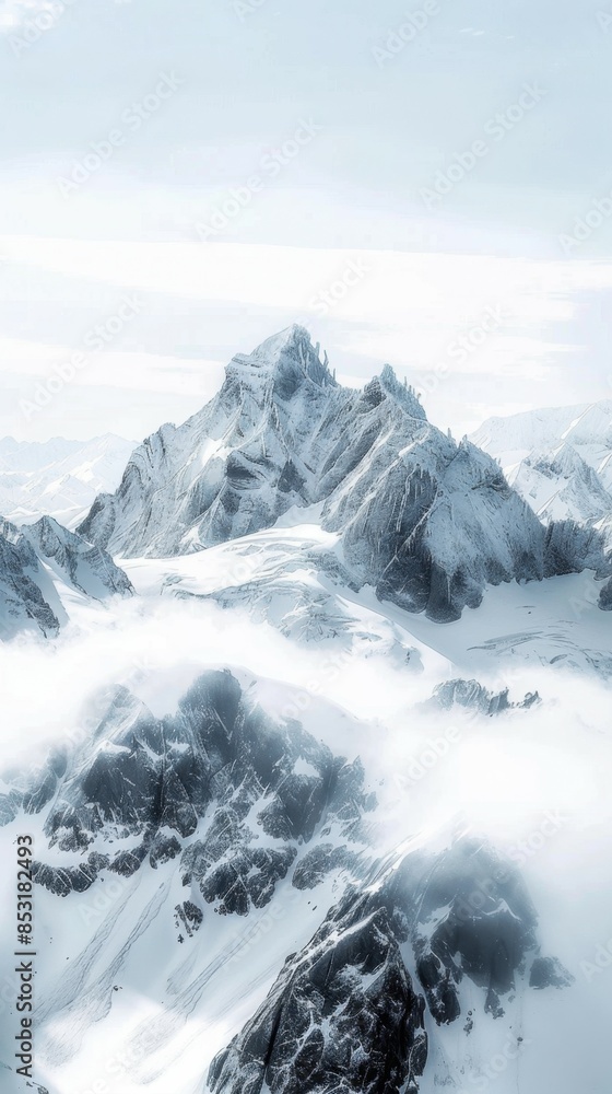 Obraz premium Snow-capped mountain peak surrounded by mist and clouds. Sharp ridges and rugged terrain create a dramatic landscape under a soft blue sky, highlighting the majesty of nature.