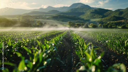 Irrigation system sprinkling corn field on bright summer day