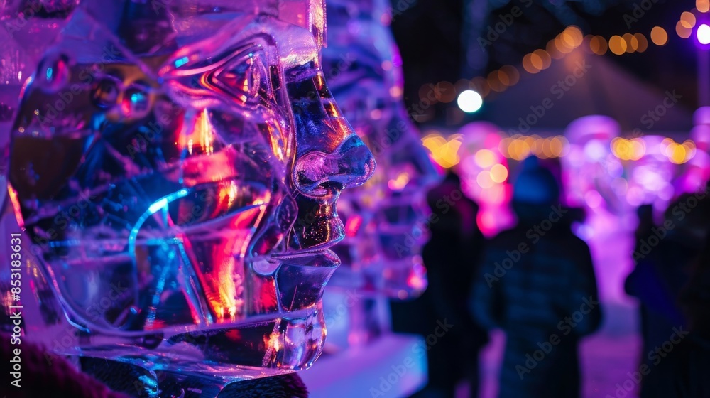Colorful ice sculpture exhibit at night with glowing lights, showcasing intricate details and vibrant colors in a winter festival setting. Colorful ice sculpture exhibit at night with glowing lights, showcasing intricate details and vibrant colors in a winter festival setting.