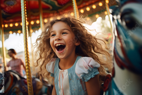 Laughing girl child having fun at merry -go-round at fun fair