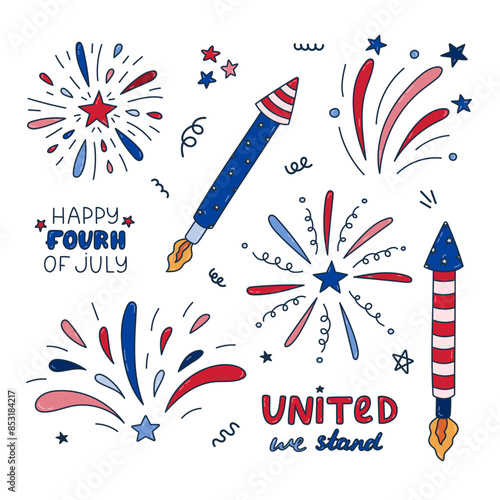 Cute colorful doodle set with fireworks, rockets and lettering for 4th July. Sparkling salute as sign of Independence day, holidays, celebration and festival. Hand drawn isolated illustration.