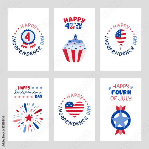 USA Independence day set of posters with hand drawn lettering and cartoon clipart. Cute national symbols of 4th July. Firework, balloon, star badge, cupcake, American flag in the shape of heart.