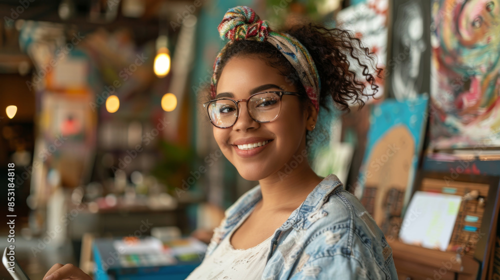 Portrait of a young plump woman enjoying art in an art workshop. Happy African American woman drawing on a tablet. Art concept. Lifestyle. Portrait of a young plump woman enjoying art in an art workshop. Happy African American woman drawing on a tablet. Art concept. Lifestyle.