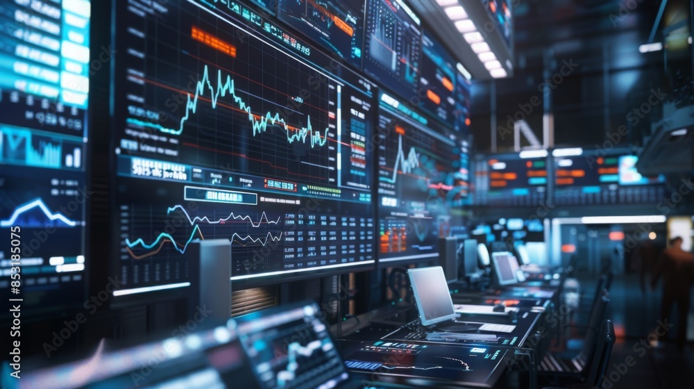 AI-generated image of futuristic trading room with vibrant screens and ...