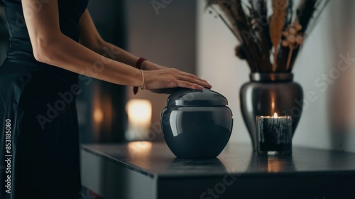 Widowed woman dressed in black elegant dress placing a black marble urn containing her husband’s cremation ashes on the black wooden table along with a funeral candle and dry flowers, touching the lid