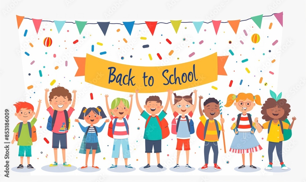 A group of children with backpacks standing in front, holding the banner A group of children with backpacks standing in front, holding the banner