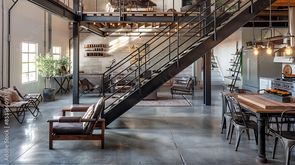 open living space with a metal staircase, concrete floors, and a mix of rustic wood and modern metal furniture open living space with a metal staircase, concrete floors, and a mix of rustic wood and modern metal furniture