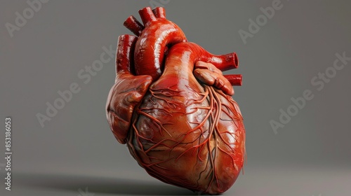 Detailed 3d rendering of human heart anatomy on gray background for medical and science concept