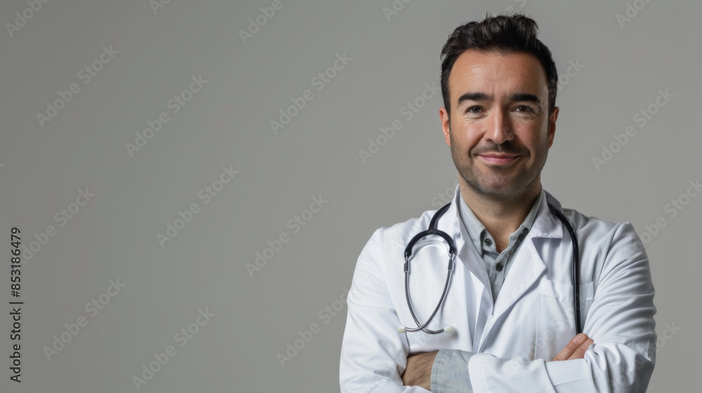 Portrait of a young doctor posing on a light background. Smiling man in doctor's coat with crossed arms indoors. Portrait of a young doctor posing on a light background. Smiling man in doctor's coat with crossed arms indoors.