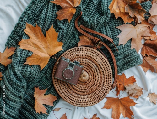 Autumnal Still Life With Wicker Bag and Camera on White Fabric