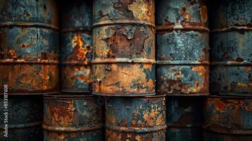 Rusty Metal Barrels Stacked in Urban Decay, Textured Surface Photography, Industrial Art © siti