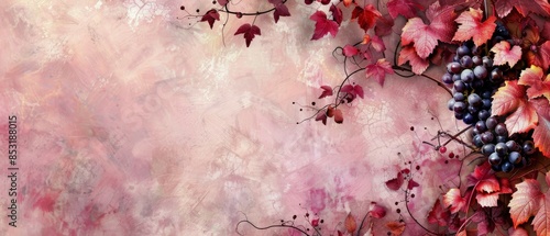 Purple Grapes and Red Leaves on a Pink Background