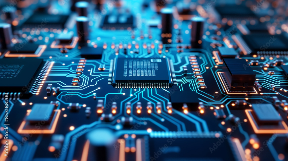Close-up view of a high-tech microchip on a circuit board, illuminated by vibrant blue and orange lights, representing the cutting-edge advancements in artificial intelligence and computing. Close-up view of a high-tech microchip on a circuit board, illuminated by vibrant blue and orange lights, representing the cutting-edge advancements in artificial intelligence and computing.