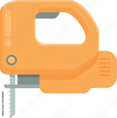 Orange colored jig saw cutting through a piece of wood with a sharp blade