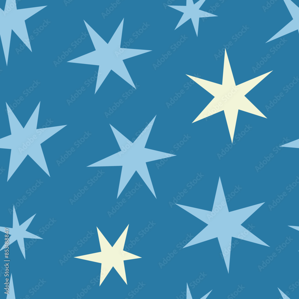 Abstract seamless pattern with different hand drawn stars. Background with simple doodle elements. Blue colors. Vector illustration. Abstract seamless pattern with different hand drawn stars. Background with simple doodle elements. Blue colors. Vector illustration.