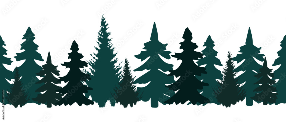 Obraz premium Forest landscape with firs. Forest background, seamless border, vector