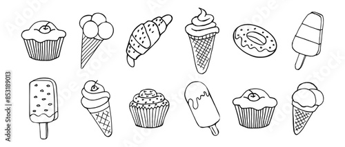 Line art set of desserts, cupcakes, ice cream and croissants. Illustration, sketch, vector