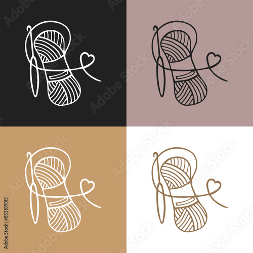 Knitting icons set, skein of yarn and hook. Hobby concept, vector