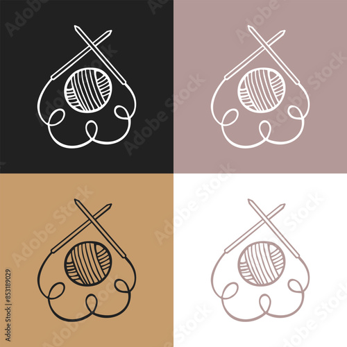 Knitting icons set, skein of yarn and knitting needles. Hobby concept, vector