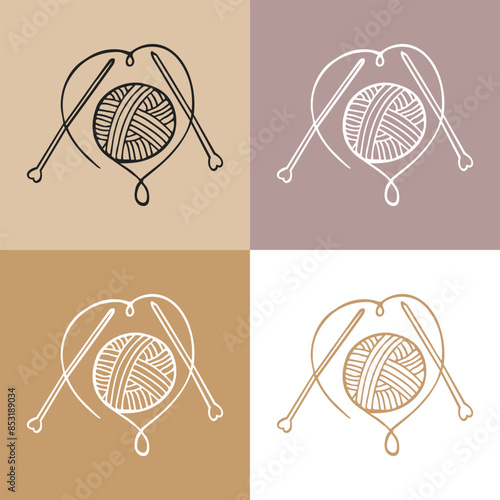 Knitting icons set, skein of yarn and knitting needles. Hobby concept, vector