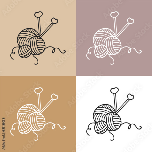 Knitting icons set, skein of yarn and knitting needles. Hobby concept, vector