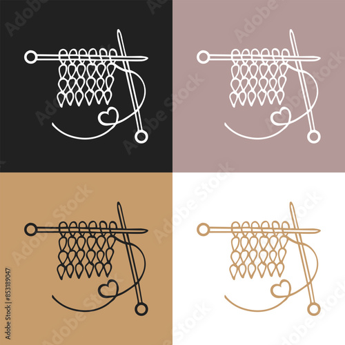 Set of icons for knitting, knitting needles and knitted product. Hobby concept, vector