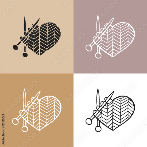 Set of icons for knitting, knitting needles and knitted product. Hobby concept, vector