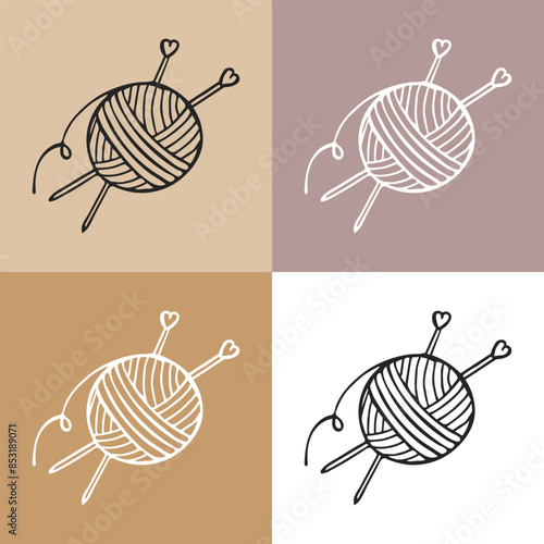 Knitting icons set, skein of yarn and knitting needles. Hobby concept, vector